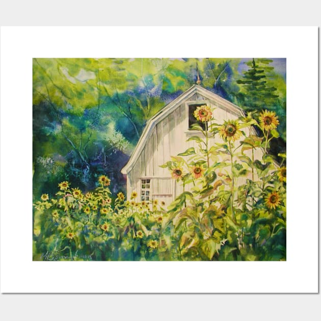 Sunflower Lover's Watercolor Landscape With Barn Wall Art by CunninghamWatercolors